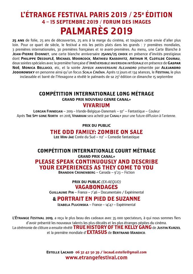 SadiqueMaster's tweet image. Le compte rendu avec les chroniques, bientôt !ps : Avis personnel sur ce Palmarès, Vivarium mérite vraiment son prix et représente, cette fois (car toutes les années ce n'est pas le cas) ci véritablement la spécialité ÉTRANGE de l'étrange festival.