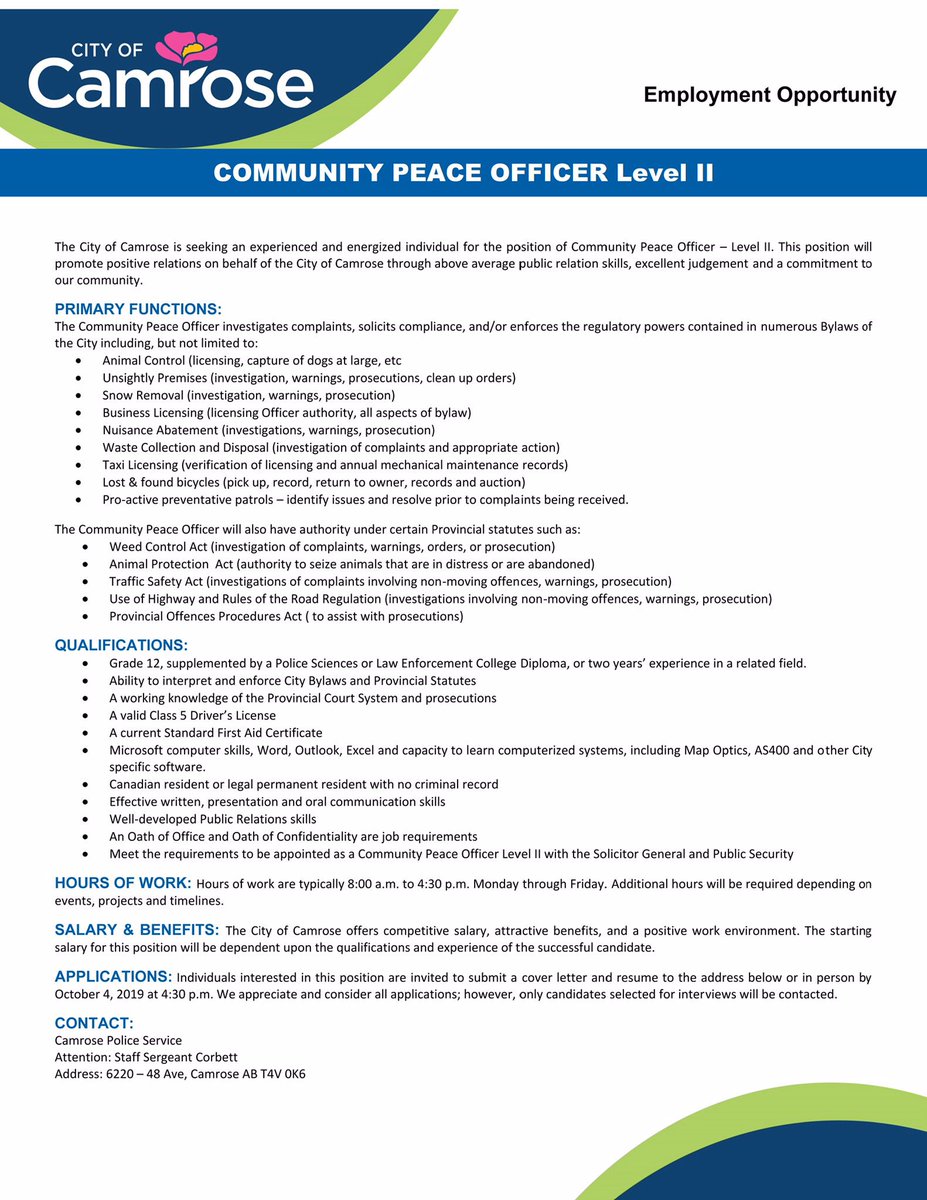 We are hiring a Community Peace Officer. Apply today if this career is right for you! #peaceofficer #bylaw #camrose #smallcommunity #albertapeaceofficer