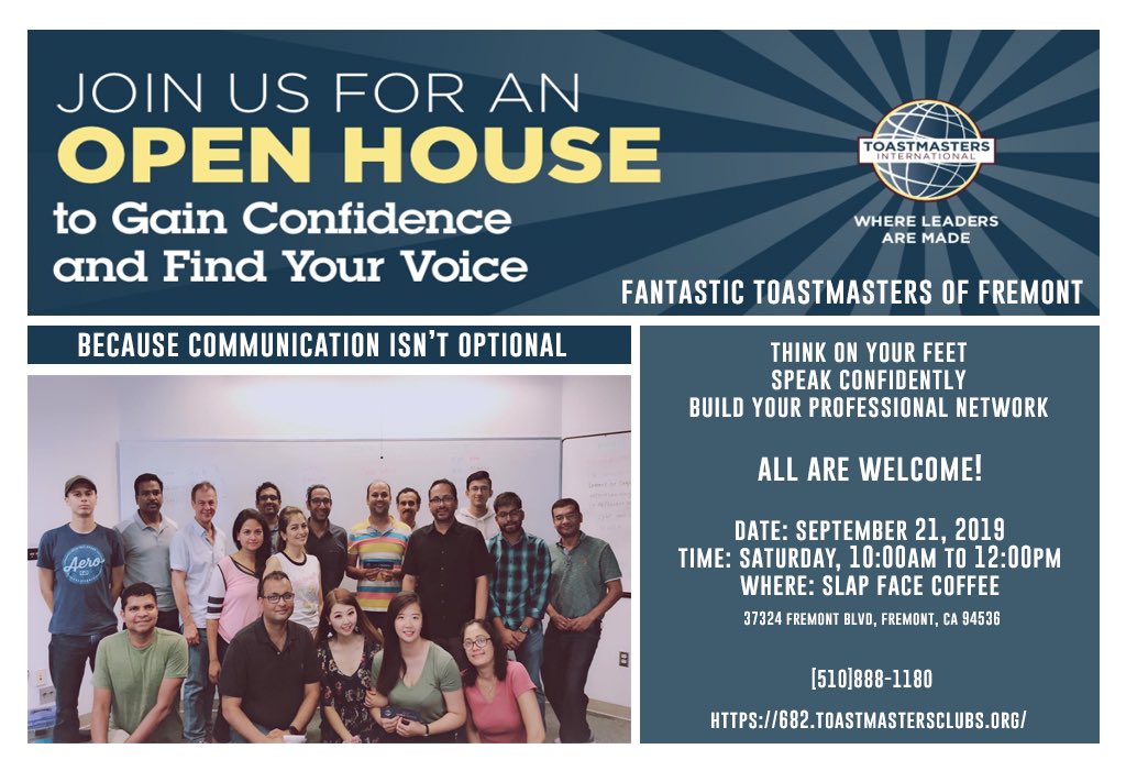 slapfacecoffee's tweet photo. Slap Face is delighted to host Fantastic Toastmasters of Fremont Open House this Saturday morning at 10am. 

If you’re interested in joining or would just like to checkout what Toastmastersis all about, here’s your chance! https://t.co/8ADotgGI19