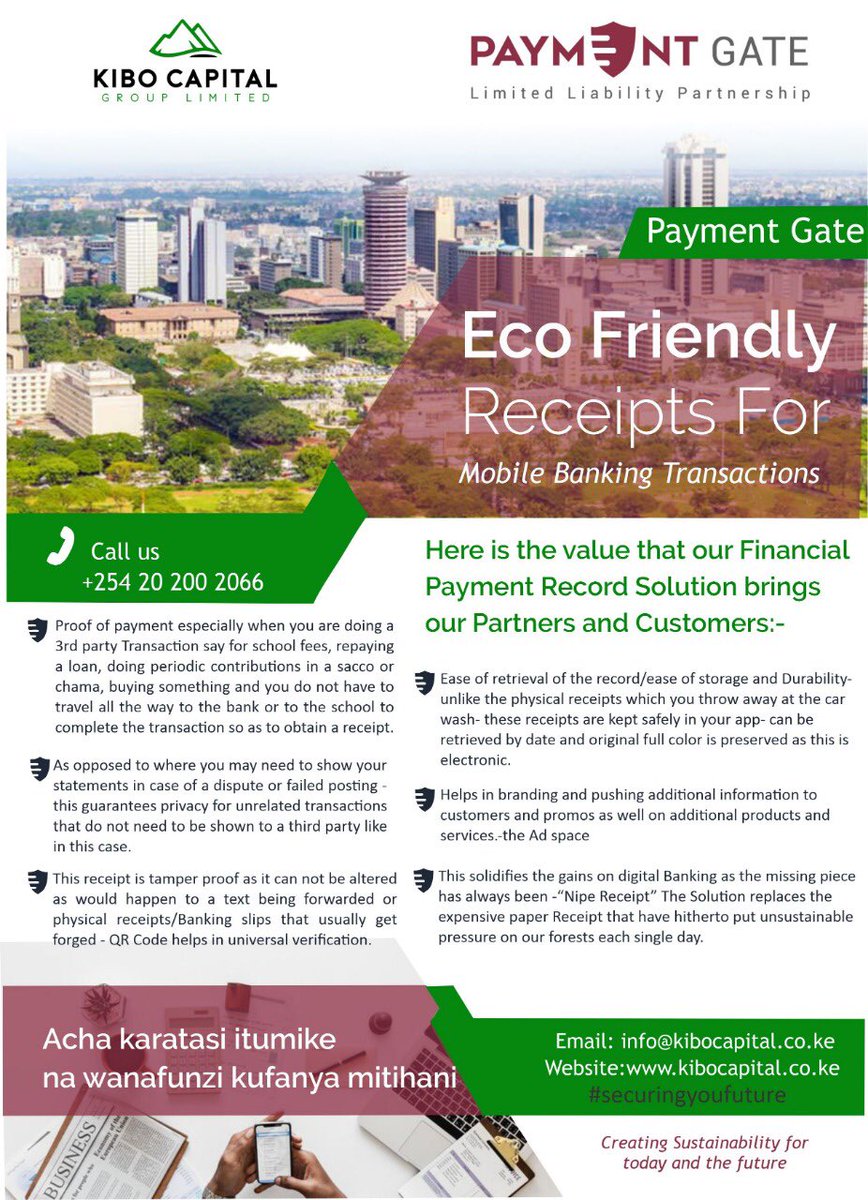 @jumaf3 We build e-Receipts in a quest to do away with paper receipts & Banking slips. We purpose to create advertising, sales and dealership jobs for over 1Million guys across Kenya in 24 months and 5Million in Africa by 2023.

#PaymentGate #eReceipt #PaymentRecords #SecuringOurFuture