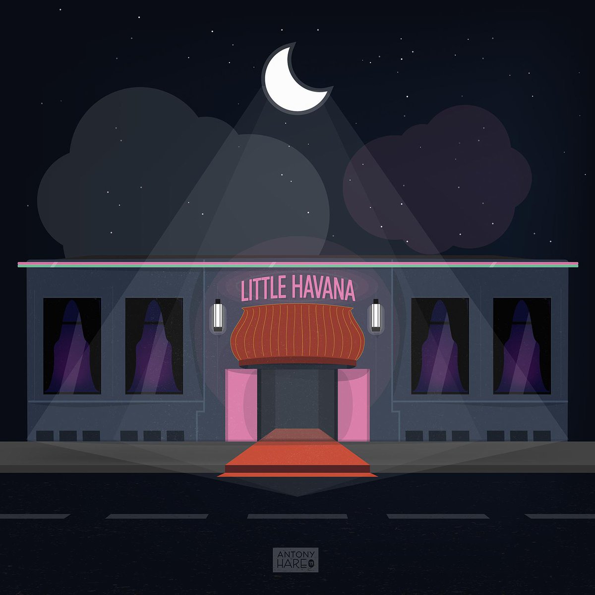 antonyhare's tweet photo. Most of my digital pieces on https://t.co/Ybpn8oSK0J are 300 dpi. This one, of fictional nightclub Little Havana, is 600 dpi! Still 7 bucks. #shopify #digitalart #downloadableart #indefinite #noncommercialuse https://t.co/Vznbz4A8FI