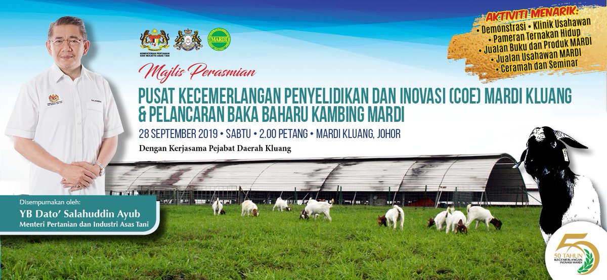 mardimalaysia's tweet photo. Majlis Perasmian COE MARDI Kluang dan Baka Baharu Kambing MARDI bakal dirasmikan oleh YB @MyDSA_official di MARDI Kluang, Johor. Maklumat lanjut, layari : https://t.co/FzgrTDNX5q

#COEKluang #fromlabtotable #ourfoodourfuture #betterMARDI https://t.co/aGpurqj0tZ
