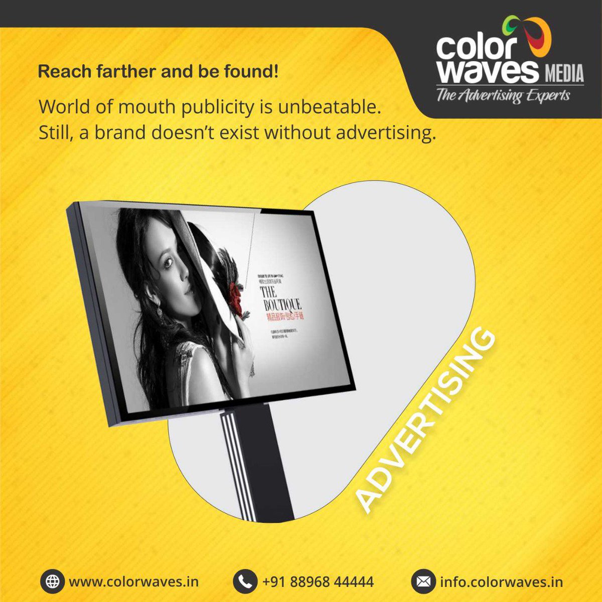 color_waves's tweet photo. Reach farther and be found!
World of mouth publicity is unbeatable.
Still, a brand doesn't exist without advertising. We are here to advertising your brand or business.
For more info please contact us: +91 88968 44444, Website: https://t.co/bfNeXa18pe

#advertising #branding https://t.co/j4iTPouyA1