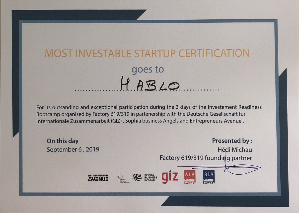 Hablo_Company's tweet photo. And here’s the fruit of 3-days hard work in the Investment Readiness Bootcamp, organized by Factory 619 in partnership with GIZ, SBA and Entrepreneurs Avenue. 
We have the pleasure to be the winner in this bootcamp and to be the Most Investable Startup 
Stay Tuned for next steps! https://t.co/kaQRPeNHeh