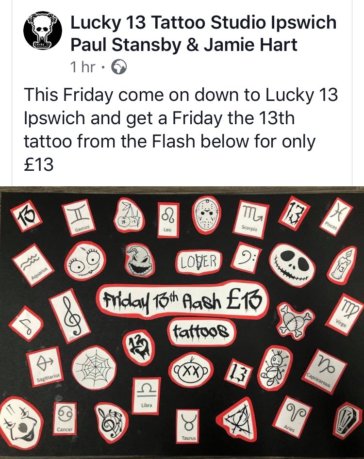 lucky13ipwich's tweet photo. #FridayThe13th #tattoos #lucky13ipswich pop down the studio and get booked in for you Friday the 13th for ONLY £13 today Limited spaces available https://t.co/r0Whtp0aIF
