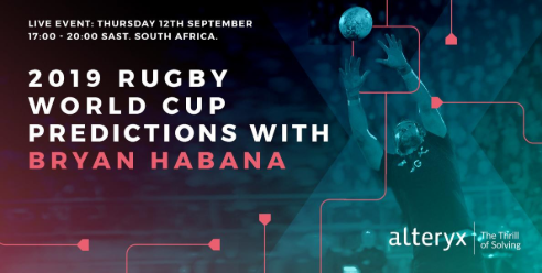 SlipstreamZA's tweet photo. There are still a few spots available at the @alteryx 2019 Rugby World Cup Predictions Event with guest speaker Bryan Habana. Will we see you there? Register online: https://t.co/SZuVRPDF2K #alteryxeverything #slipstreamdata #2019RugbyWorldCup https://t.co/mjht5xe6r0