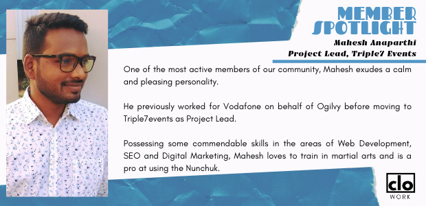 cloworknow's tweet photo. Our community thrives because of its constituent members. Meet Mahesh Anaparthi, Project Lead at Triple7events, one of our most active people!
#Members #Community #Coworking #Startups #Triple7events #Clowork #cloworknow #Entrepreneurship #Business #Growth https://t.co/IaOBuZkOTW