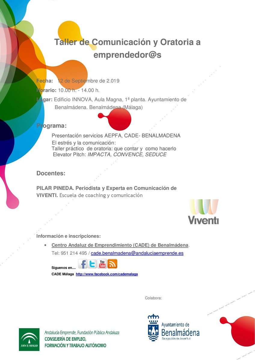 cademalaga's tweet photo. ¿Necesitas seducir y convencer al cliente en tu negocio? No te pierdas este taller de #comunicación y #oratoria de @aemprende en #Benalmadena
#SomosEmprende #ContigoEmprende https://t.co/nrxAjazwWR