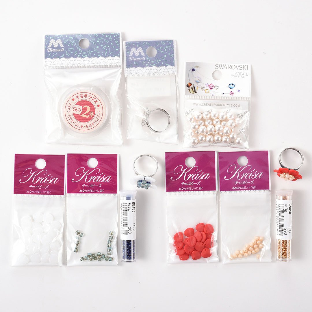 ユザワヤ 公式 レシピ紹介 Ya 618 チェコビーズのリングのレシピです シンプルなテグス編みで作れるので ビーズ アクセサリー作りの初心者さんにもチャレンジしやすいです 花びらを作るローズペタルビーズは9色展開です レシピはこちら