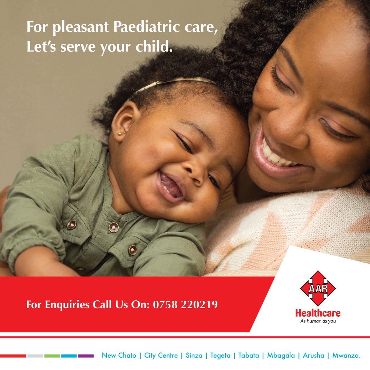 Our Polyclinics are open now in Dar es Salaam, Arusha, and Mwanza. Come and meet a Paediatrician for your child today, we’re here for you. 
________
#AARHealthcare #KaaribuTukuhudumie #AAR #Doctor #Daktari #Ultrasound #Dental #Pediatrician  #Health #Medical #Monday #Tanzania