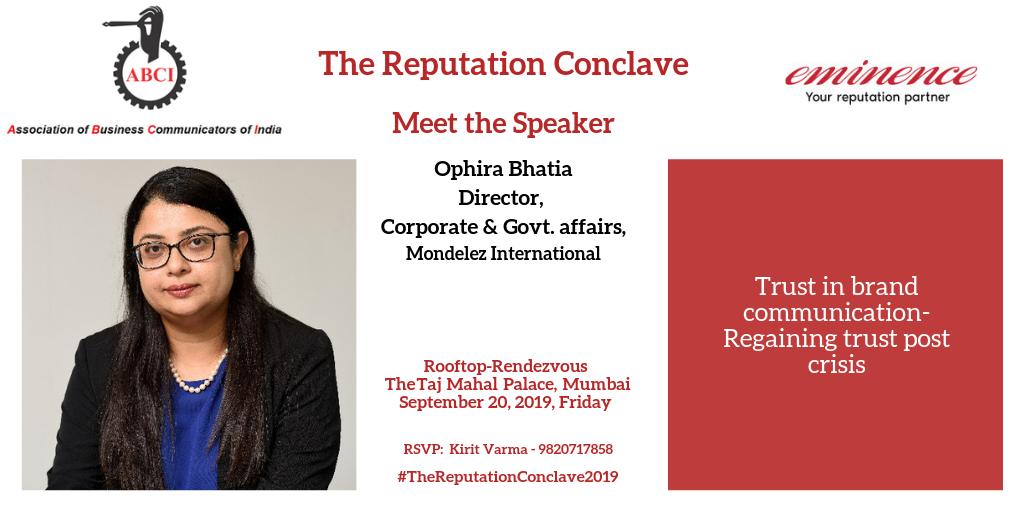 eminencesays's tweet photo. Meet the Speaker: The major challenge for a business after a major crisis is regaining public trust. @OphiraBhatia, Corporate & Govt Affairs @MDLZ will talk about this important issue at #TheReputationConclave2019 #TRC2019 @DairyMilkIn https://t.co/FkVfvz5CMS