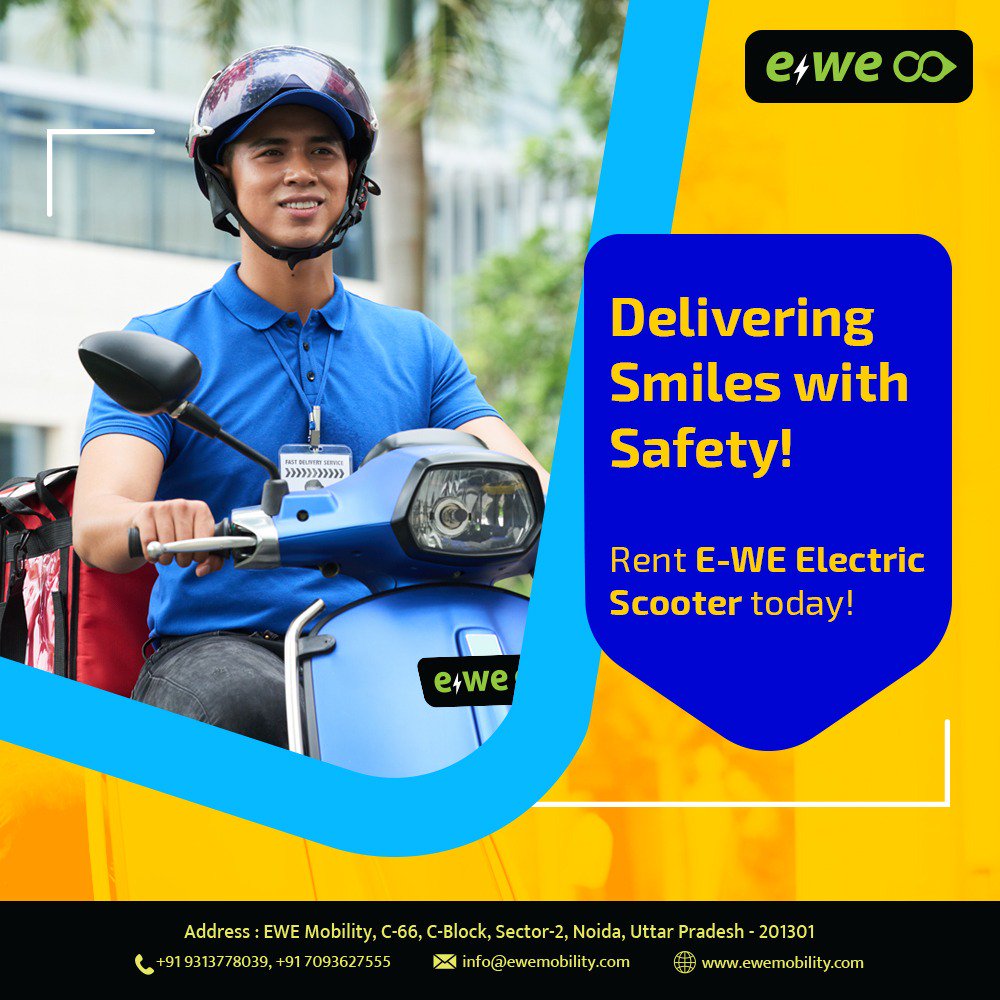EweMobility's tweet photo. #EWE #electricscooters have made it economical &amp; greener to use for #deliveryservices.It offers high #costsaving, #zeromaintenance &amp; runs on battery. #Batteryswapping facility,available at every 5kms across DelhiNCR. #Rentals from Rs.99*/day
For more visit https://t.co/azgm6a0Lo1 https://t.co/xd1Xn6L5we