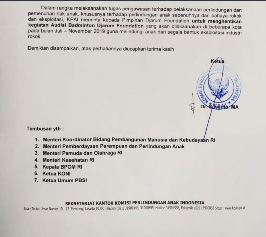 Katanya nih, KPAI membantah minta menghentikan Audisi Djarum. Kalo benar surat yg sudah ramai beredar dan bukan Hoaks, maka  sebaiknya #BubarkanKPAI saja. Gampang ngebacot dan menjilat nya kembali. 
<a href="/KPAI_official/">KPAI</a>