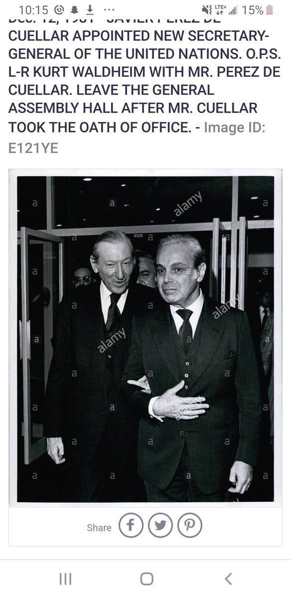 14) Javier Pérez de Cuéllar was Secretary General from 1982 to 1991 and is currently 99 years old. A Peruvian diplomat, he was a Globalist and initiated the World Commission on Environment and Development, which promoted "sustainable development". Pictured here with Waldheim.