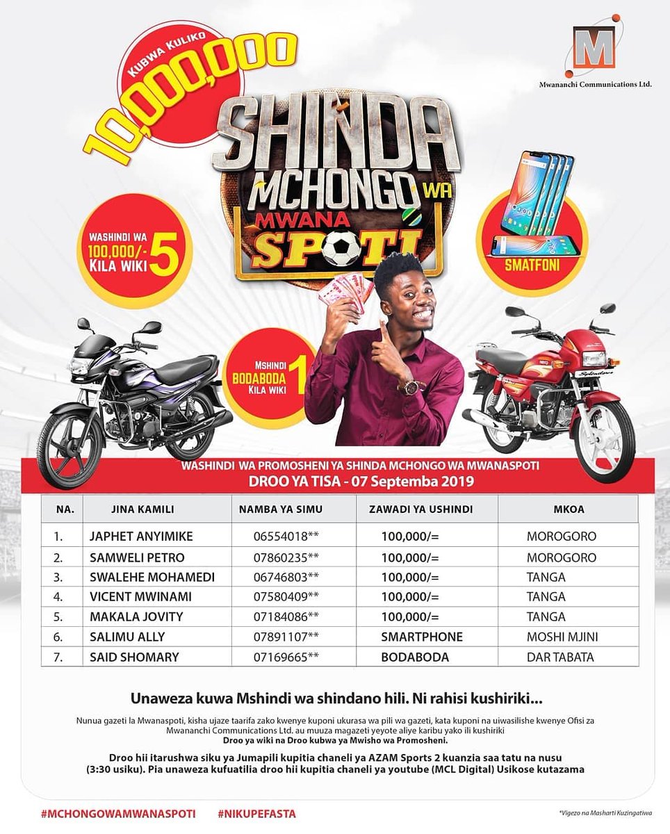 MwananchiNews's tweet photo. Hawa hapa washindi wa promosheni ya #MchongoWaMwanaspoti droo ya tisa
Kuangalia droo nzima ilivyochezeshwa tembelea ukurasa wetu wa YouTube MCl Digital.
Bado hujachelewa kwa maana ya kwamba na wewe pia unaweza kuwa mshindi wa shindano hili .
#MchongoWaMwanaspoti
#NikupeFasta https://t.co/BEvU4ziQWu