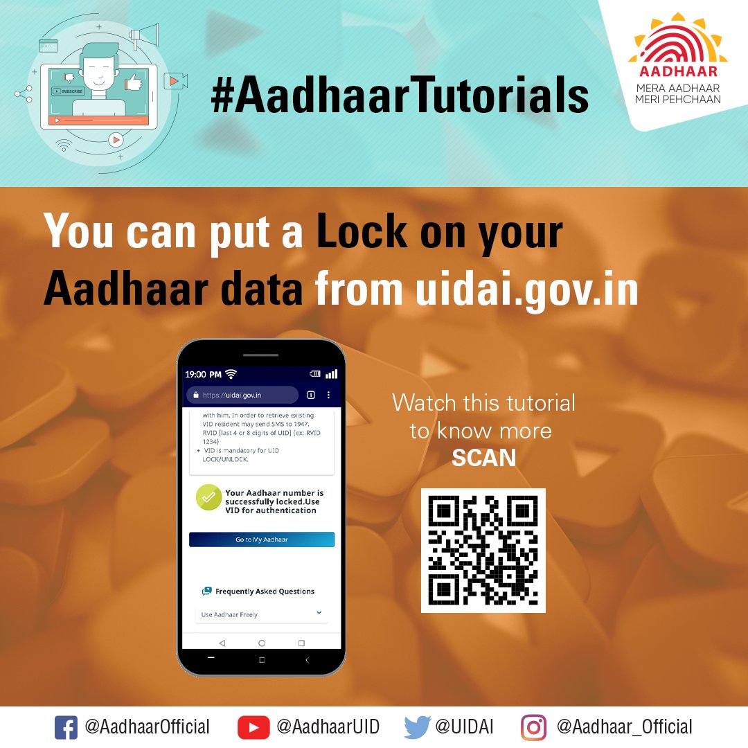 #AadhaarTutorials
Watch the video youtu.be/KtoWJ4p-yFQ to know how you can put a complete lock on your Aadhaar data if you do not wish to use Aadhaar based authentication services.