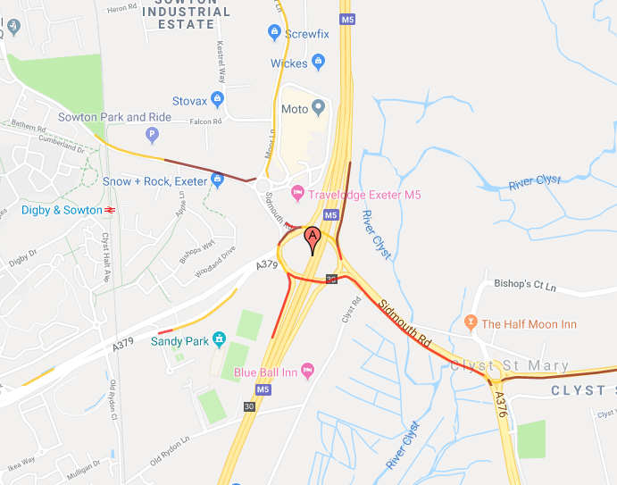 TRAVEL: Slow traffic around junction 30 of the M5 because of an accident involving a motorbike on the roundabout. The road is partially blocked and there is queuing traffic on the A376, A379 and the M5 northbound. #HeartNews