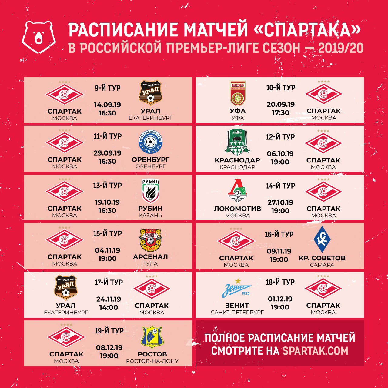 результаты игр спартака