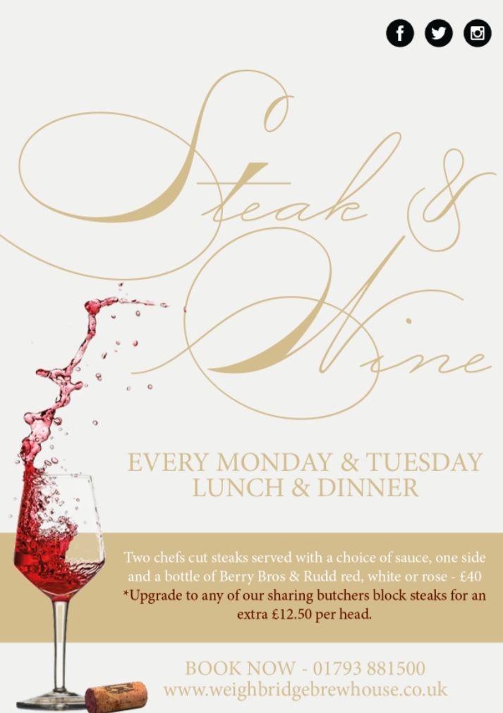 Steak &amp; Wine Offer ever Monday and Tuesday. Enjoy two chef's cut steak with a choice of sauce and side each and a bottle of house wine for only £40 #SteakNight