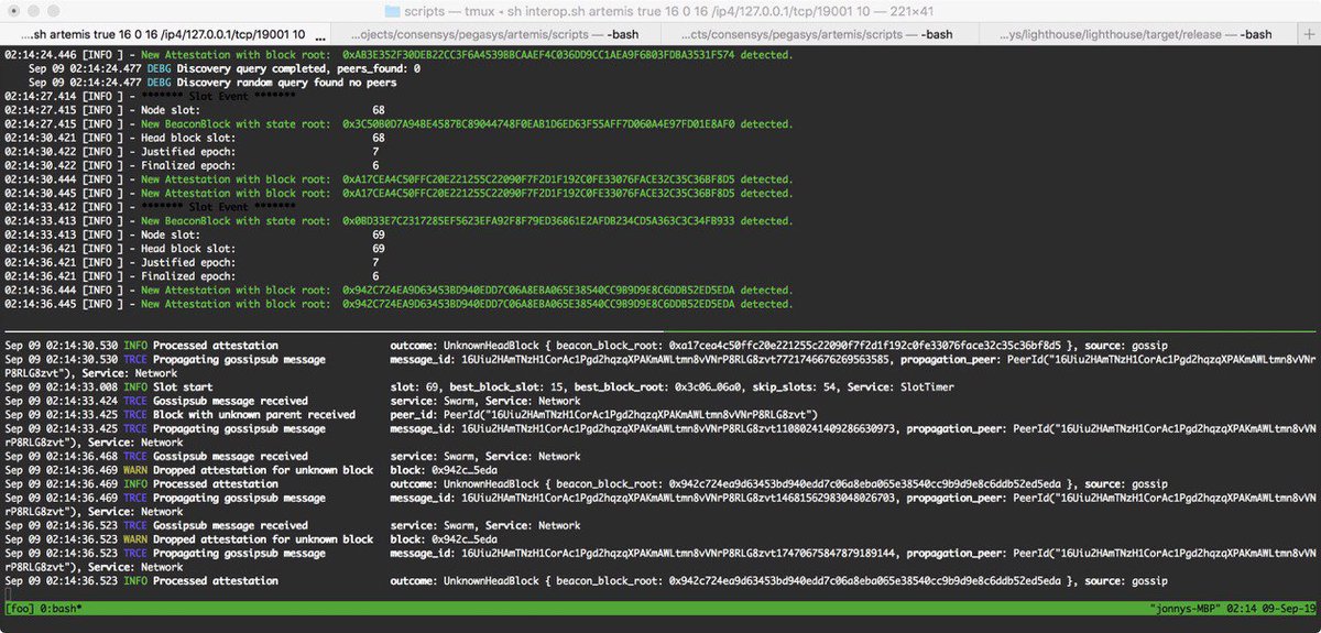 JonnyRhea's tweet photo. #eth2interop Artemis (soon to be renamed beaucoup) and Lighthouse are talking! @PegaSysEng
@sigp_io https://t.co/EcGQA15UC2
