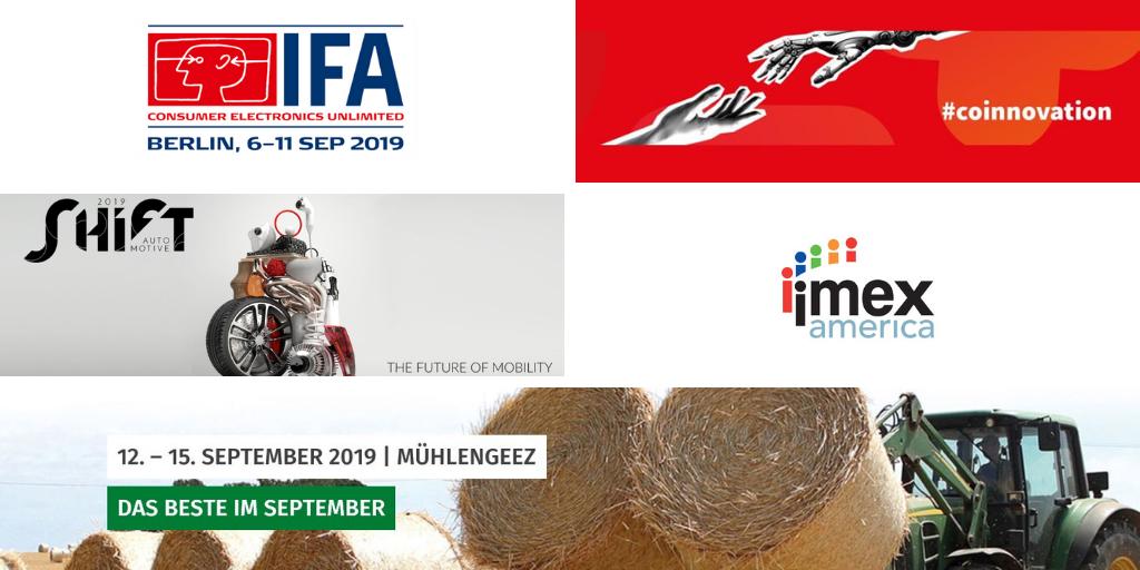 MesseBerlin's tweet photo. Guten Morgen zum #Wochenausblick! Die #IFA19 ist in vollem Gange: Heute Tag 2 des #ifaplussummit, ab Di. #SHIFTAutomotive2019. 🚀 In Mühlengeez / Mecklemburg-Vorpommern startet die 29. MeLa 🐄 und #MoreBerlin kommt nach Las Vegas zur #IMEX19 🏢 #MesseBerlin https://t.co/Zw3WMkU4ps