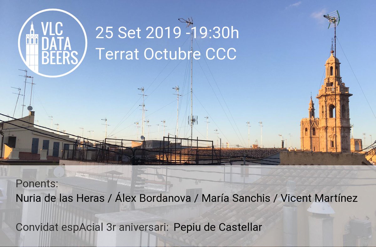 Alegra eixa 😞 de dilluns postvacacional! #databeers VLC torna el 25 de setembre al terrat de l'<a href="/OctubreCCC/">OctubreCCC</a> amb una edició espAcial 3r aniversari 🥳 Hi intervindran <a href="/VicentJM/">Vicent J. Martínez</a> @n_delasheras <a href="/SciencefChange/">Science For Change</a> <a href="/domesticstream/">Domestic Data Streamers</a> &amp; <a href="/PepiudCastellar/">Pepiu</a> 🤩 Apunta't en go.uv.es/cienciadatos/d…