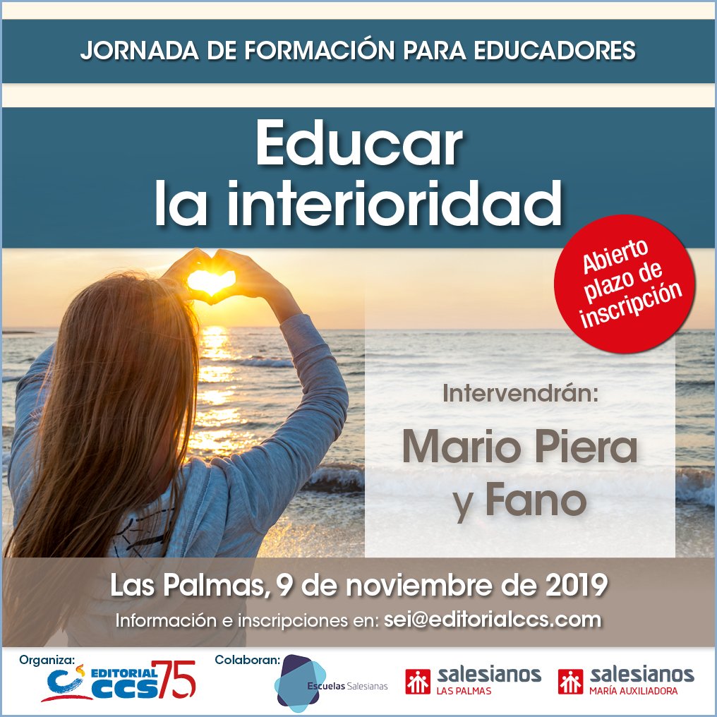 Os recordamos que está abierto el plazo de inscripción para la nueva jornada de formación para educadores EDUCAR LA INTERIORIDAD, que se celebrará en #LasPalmasDeGranCanaria en <a href="/salesianoslpa/">Salesianos Las Palmas</a> 
¡No te quedes sin plaza!
<a href="/ecatolicas/">Escuelas Católicas</a> <a href="/ECCanarias/">E.Católicas Canarias</a> <a href="/SalesianosEs/">Salesianos España</a> 
editorialccs.com/agenda/9/educa…