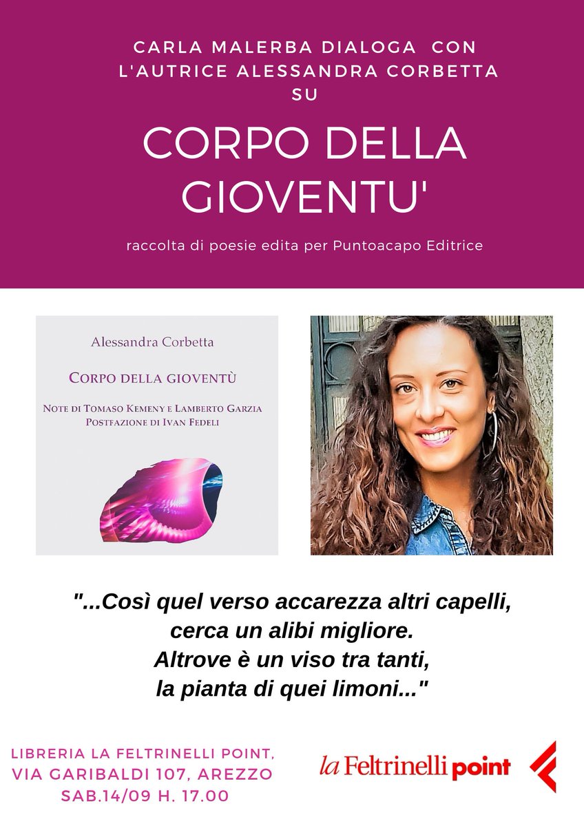 Gio. 12/09 ore 18.30, Interno 18, #Bologna, con <a href="/Daviderond/">Davide Rondoni</a> e #LucaGamberini.

Sab. 14/09 ore 17.00, @LaFeltrinelliPoint, #Arezzo, con #CarlaMalerba.

Vi aspetto con #corpodellagioventù (Puntoacapo Editrice 2019) 💜

#poetry #poesia #alessandracorbetta