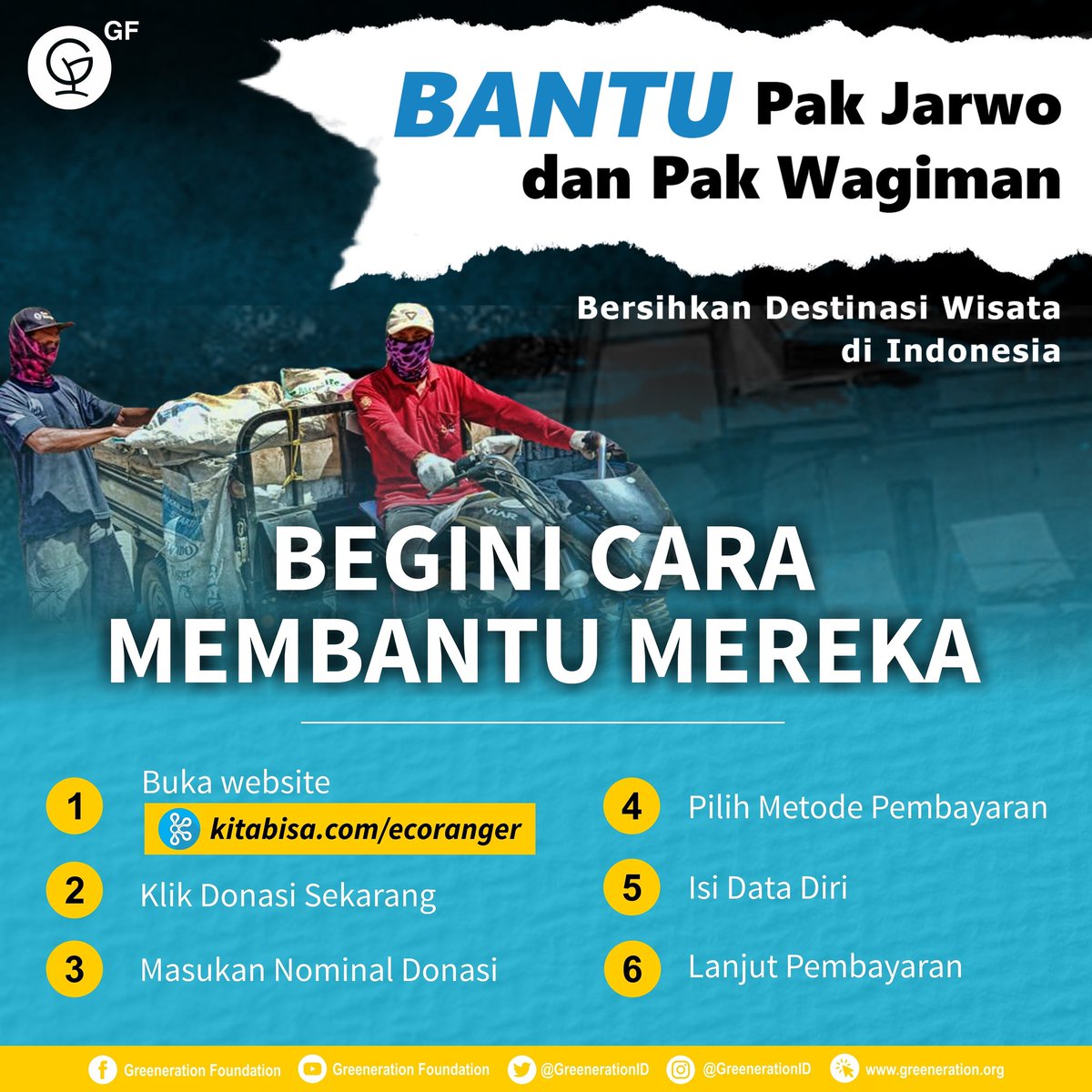 greenerationid's tweet image. Pak Jarwo &amp;amp; Pak Wagiman merupakan dua sosok pejuang lingkungan yang sangat menginspirasi. Ayo bantu dan dukung mereka dengan cara donasi di kitabisa.com/ecoranger agar mereka dapat mewujudkan lingkungan bersih &amp;amp; berkelanjutan.

#BeraniPeduli #Ecoranger #GreenerationFoundation