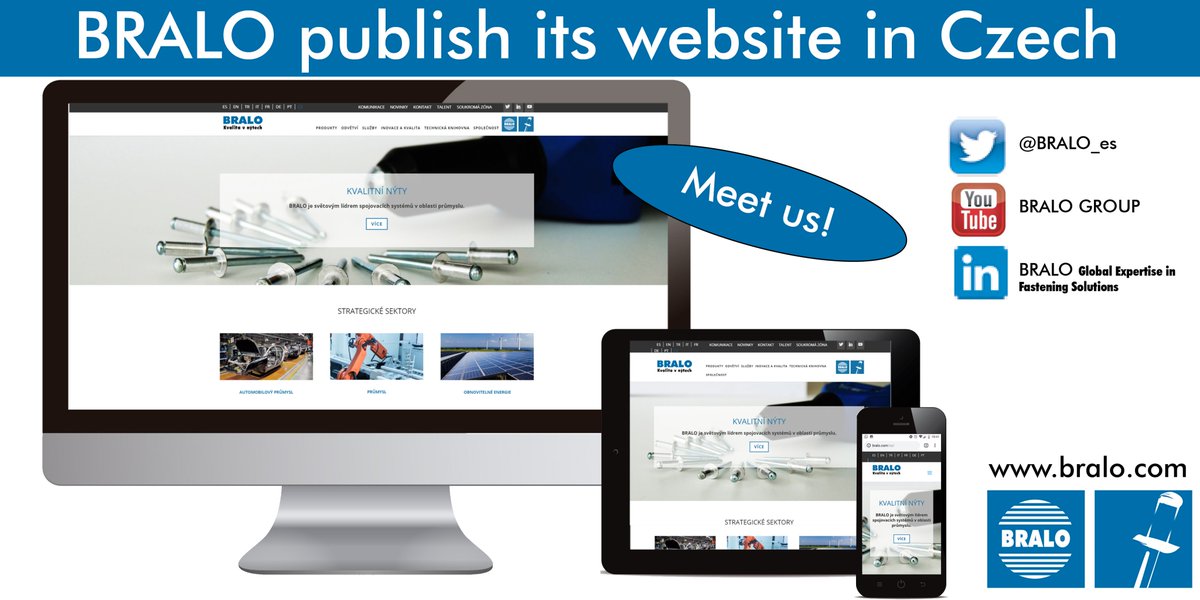 BRALO_es's tweet image. The multinational company @BRALO_es, a national leader in the manufacture of fixing systems, completes its new website with the Czech language bit.ly/2kr7nVF Meet our #rivets, #insertnuts and #riveters