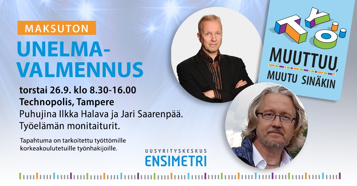 Ensimetri1's tweet image. Huippu puheenvuoroja työn muutoksesta sekä
workshop, jossa työnhakijat voivat kertoa minkälainen valmennus auttaisi oikeasti työnhaussa! Tule mukaan: lyyti.in/unelmavalmennus 
#ensimetri #työmuuttuu #motivaatio #uusianäkökulmia #learn2earn