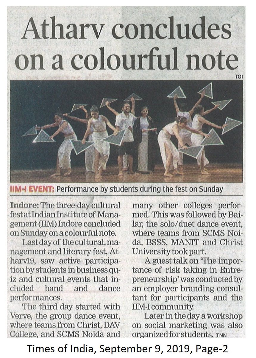 IIM_I's tweet photo. @AtharvFest came to an end with a lot of buzz in the #Indore #media!
#news clippings from the #day3 of #Atharv2019!

#IIM #IIMI #IIMIndore #NewsAlert #Culture #Management #Fest #Event https://t.co/o9rrVntWnj