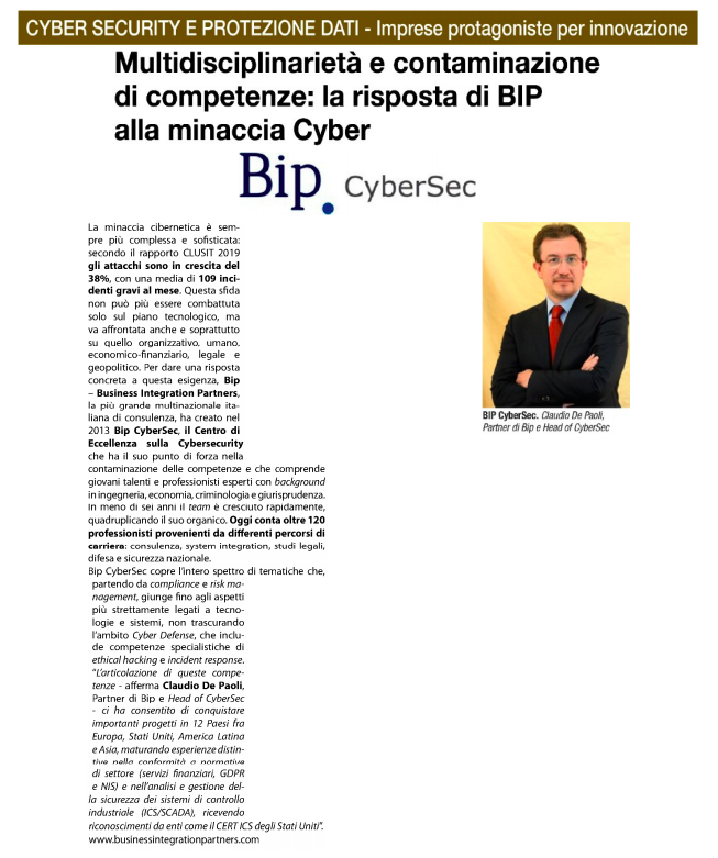 Bip_Group's tweet photo. La minaccia #Cibernetica è sempre più complessa: la risposta di Bip è #BipCyberSec. 
"L'articolazione di queste competenze - @claudiodp67 su @sole24ore - ci ha consentito di conquistare importanti progetti in 12 Paesi, ricevendo riconoscimenti da enti come il #CERTICS degli Usa". https://t.co/hSvTziZA2h