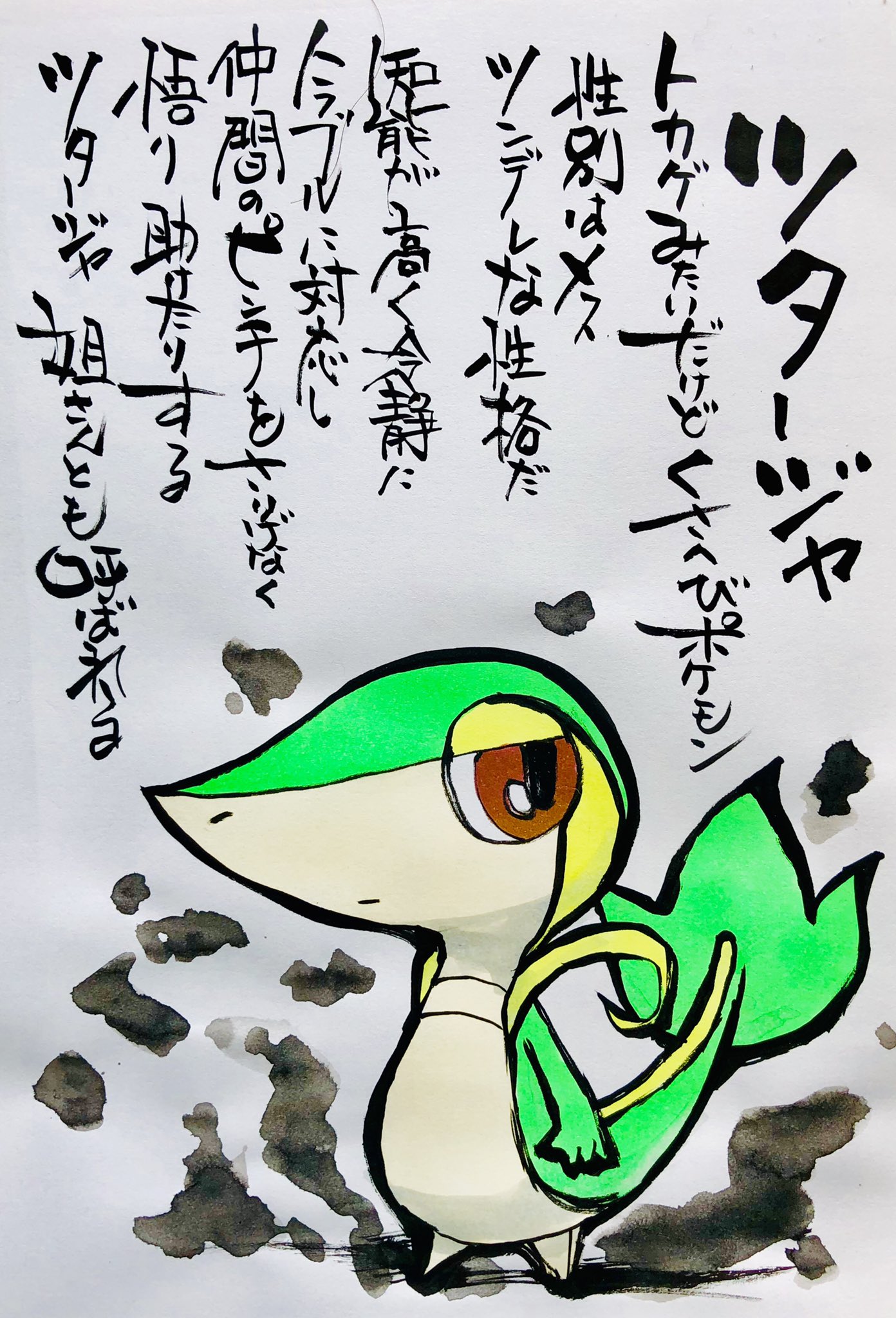 Twitter 上的 Aki Shimamoto ポケモン絵師休憩中エネルギーアートクリエーター 筆ペンでポケモンを描く ツタージャ トカゲみたいだけどくさへびポケモン 性別はメス ツンデレな性格だ 知能が高く冷静にトラブルに対応し 仲間のピンチをさりげなく悟り助けたりする