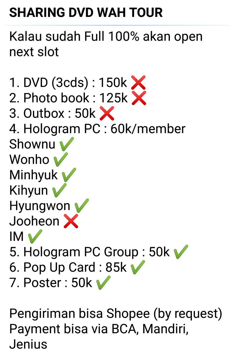 [HELP RT💕] [INA MONBEBE] 🇮🇩

OPEN SHARING MONSTA X WE ARE HERE TOUR DVD
Sudah include ems, pengiriman bisa via Shopee (by request), boleh DP 50% dulu, pembayaran bisa via BCA, Mandiri, Jenius

More info please ask <a href="/daye2524/">Deb♥️</a>