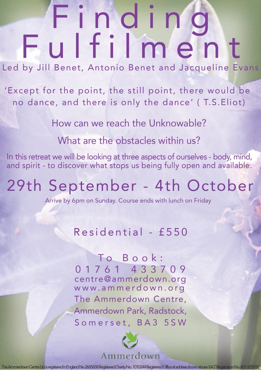 ammerdowncentre's tweet image. There are only four spaces left on our Finding Fulfilment course led by Jill &amp;amp; Antonio Benet &amp;amp; Jacqueline Evans. Book yours now - ammerdown.org/finding-fulfil… 01761433709 #FindingFulfilment #Unknowable #Obstacles #BodyMindSpirit #Retreat #Course #Ammerdown #Somerset