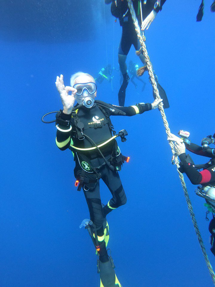 ChinaDaily's tweet photo. Ray Woolley, the world's oldest scuba #diver, broke his own world record by diving to the Zenobia shipwreck off the Larnaca coast in Cyprus — one of the world's best known diving spots — at the age of 96. https://t.co/q4V5votjjS