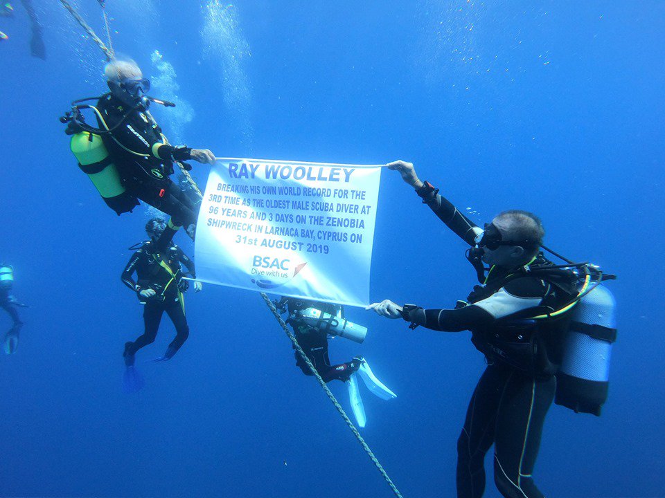 ChinaDaily's tweet photo. Ray Woolley, the world's oldest scuba #diver, broke his own world record by diving to the Zenobia shipwreck off the Larnaca coast in Cyprus — one of the world's best known diving spots — at the age of 96. https://t.co/q4V5votjjS