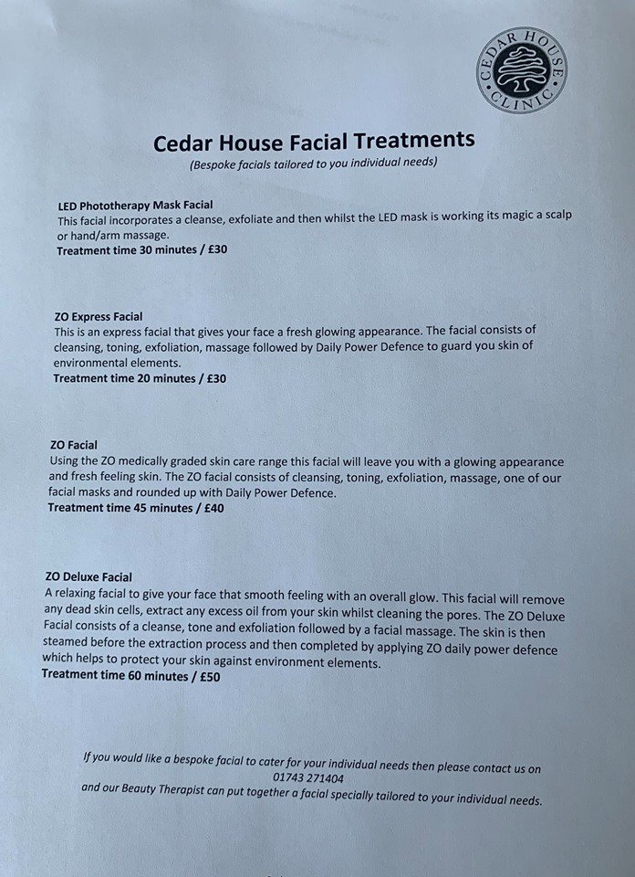 ClinicCedar's tweet photo. Have you indulged in one of our bespoke facials💆‍♀️
Book in during the month of September for a 15% discount on all facials 

Call us today to book in for your tailored made facial on 01743 271404.
@WigmoreMedical @beamwaveuk @galderma @shropshirelive https://t.co/tN08Omqduz