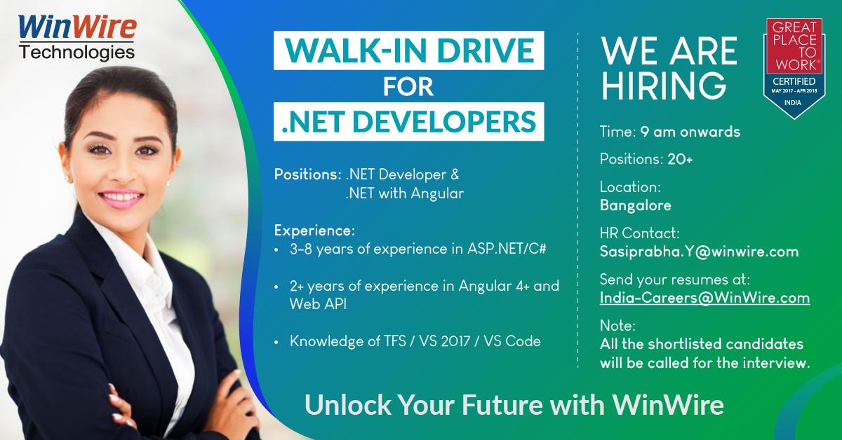 WinWire's tweet image. Exciting career opportunities at @WinWire . We are conducting a walk-in drive on Sep 14, 2019, for .NET Developers. Share your resume to India-Careers@WinWire.com. bit.ly/2XzHNeD
#DotNet #Angular6 #Angular8 #Walkin #Walkindrive #jobs #BestPlaceToWork