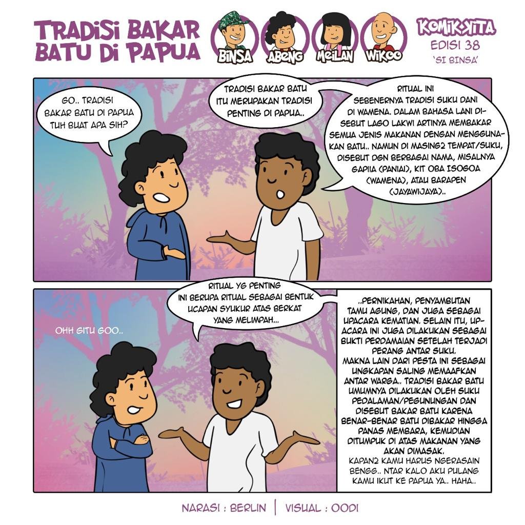 winda_arnold's tweet photo. Tradisi pada prinsipnya harus dirawat, dijaga, bahkan dikembangkan seiring dengan perubahan zaman. 

#KomikKita #SiBinsa #TradisiBakarBatu https://t.co/0GqND6ryd2