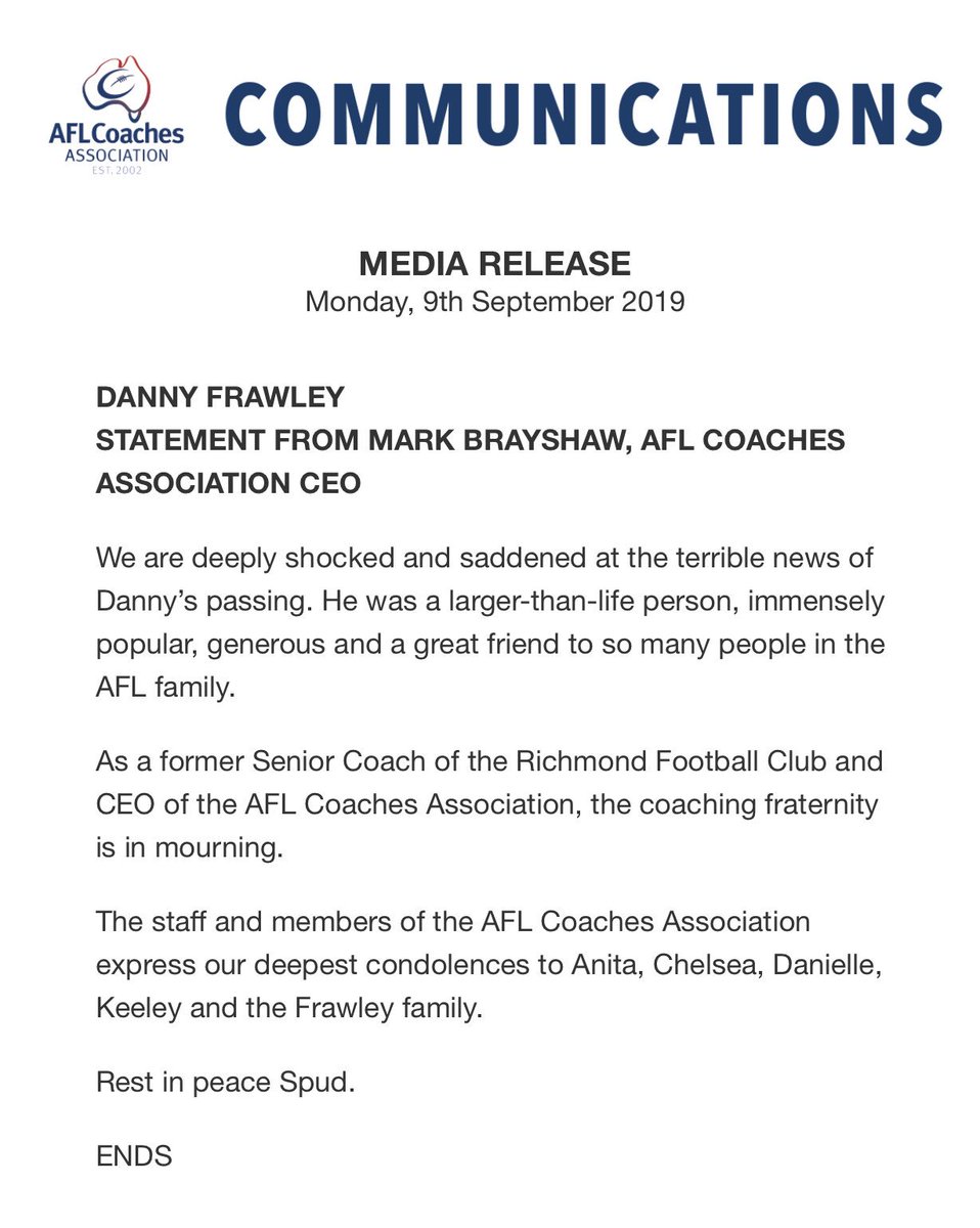 AFLCoaches's tweet photo. Rest in Peace, Spud.

The staff and members of the AFL Coaches Association express our deepest condolences to Anita, Chelsea, Danielle, Keeley and the Frawley family.

Statement from @AFLCoaches CEO, Mark Brayshaw https://t.co/NO9I4jbGjW