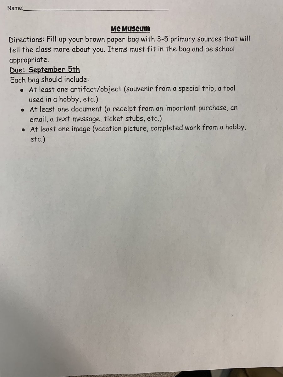 misssykes45's tweet photo. Last week, students examined and analyzed primary sources while learning more about our new classmates in our very own Me Museum. Students brought in an important artifact, document, and image and together we inferred who’s bag belonged to which student. @BraddockElem @FCPSR2 https://t.co/sPv3yWEeyJ