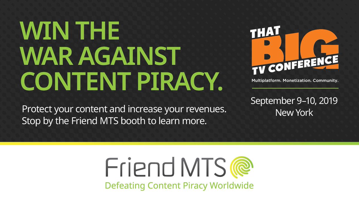 friendmts's tweet photo. That Big TV Conference is in full swing. Visit our booth today to learn how to protect your content and revenue. See you there!
@CynopsisMedia #piracy #piracyprotection #technology #watermarking #contentprotection https://t.co/3TJAzgUKRA