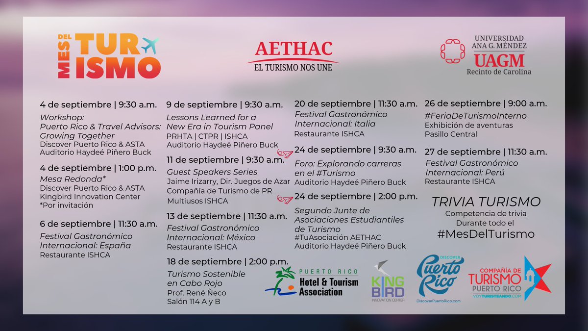 Comenzó septiembre, mes del turismo! Chequea todas las actividades que nuestra Escuela tiene programadas para celebrar nuestra industria durante el mes. Todas las actividades son libre de costos para nuestros estudiantes y facultad de @UAGM_Carolina. ¡Te esperamos!