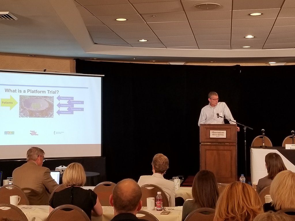 IACTForChildren's tweet photo. Dr. Scott Berry describes how the Duchenne Platform Trial is designed to reduce patient exposure to placebo while broadening the typical inclusion criteria. #duchenne #platformtrial #cpathinstitute #parentprojectmd https://t.co/Wm4KIvI0di