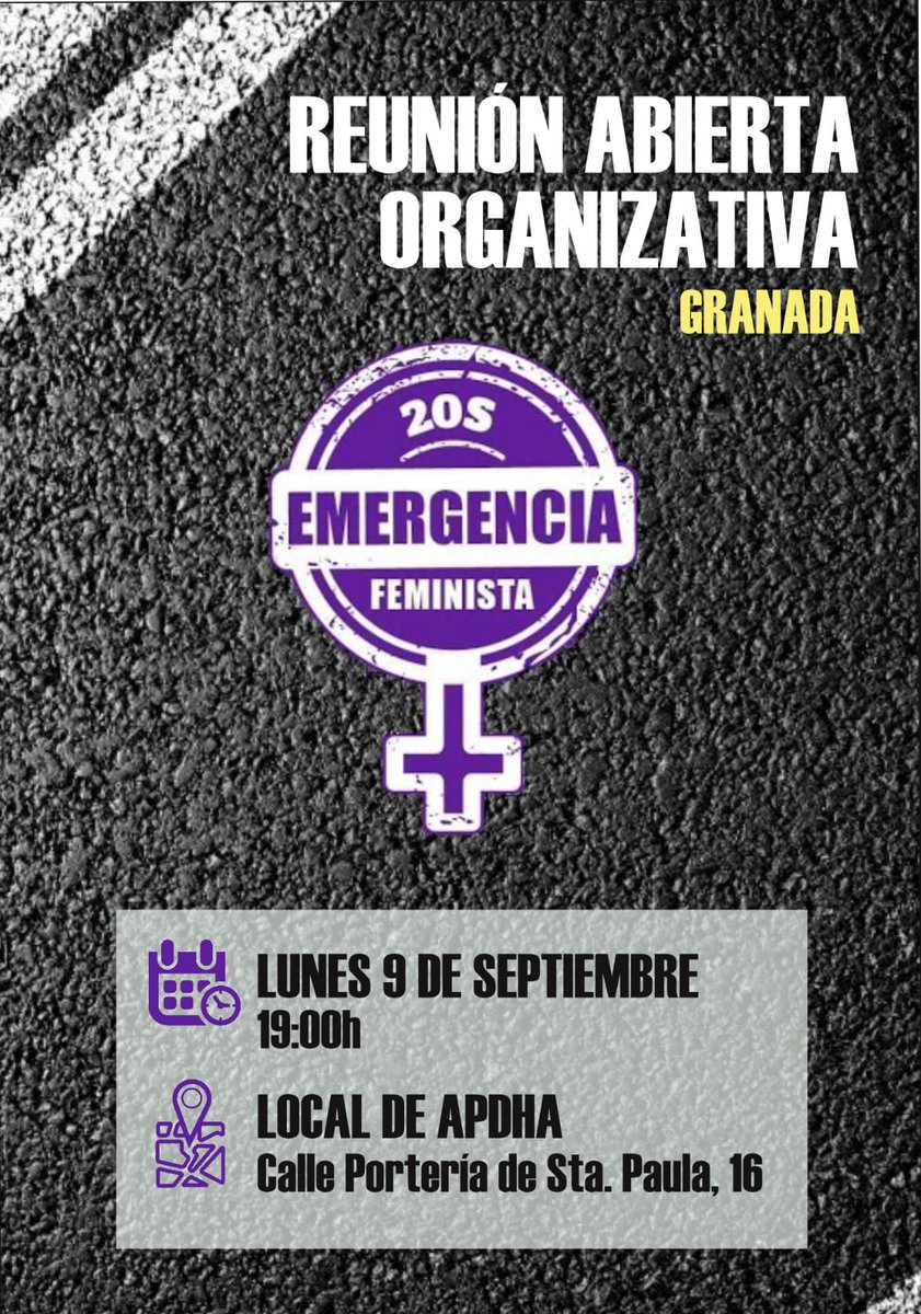 afeministagr's tweet photo. Os recordamos que en unas horas se realizará la asamblea para preparar la #EmergenciaFeministaGranada del 20 de septiembre #20SOS. 
¡No dudéis en venir! https://t.co/asSHPhWfNk