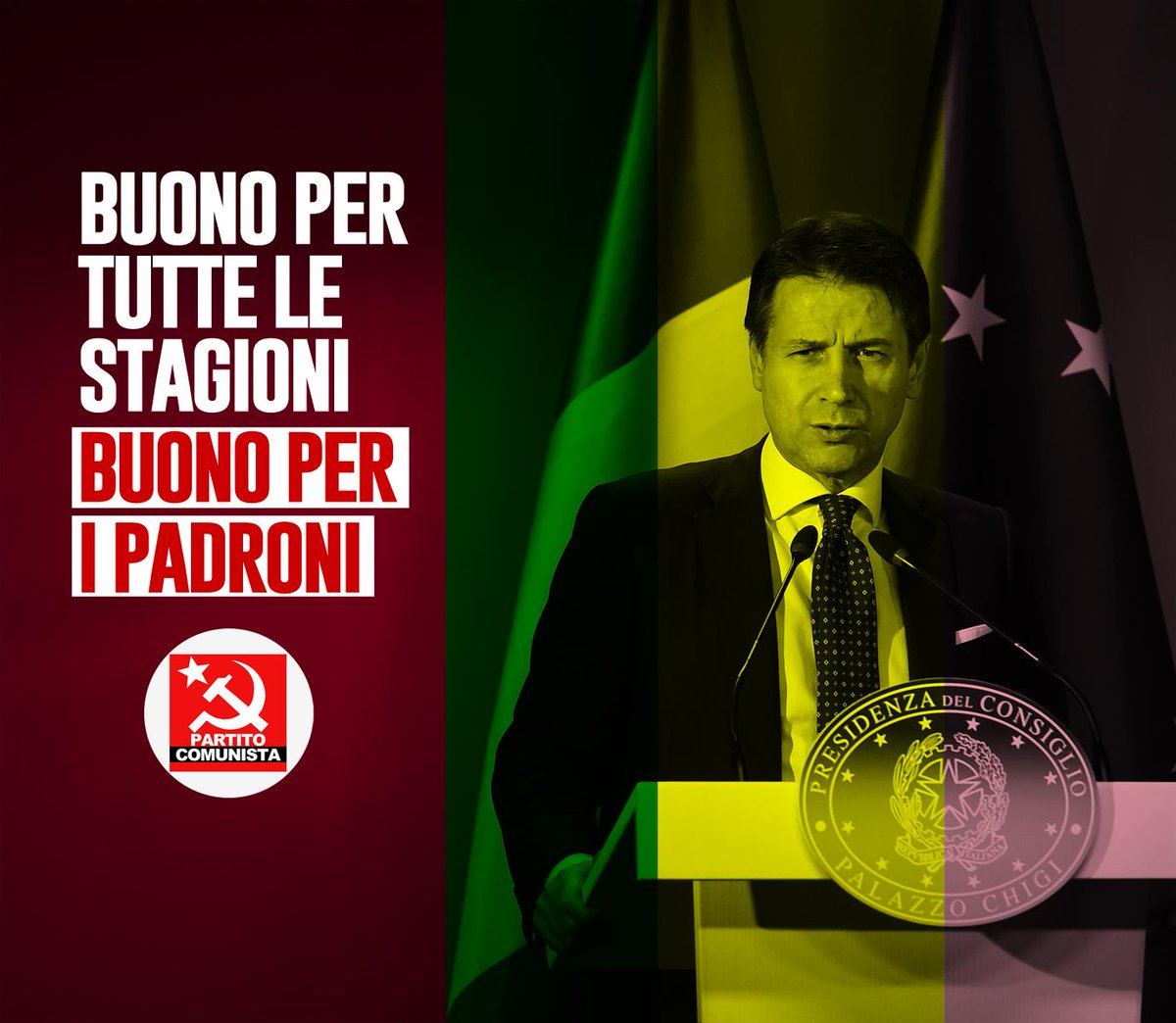 PartitComunista's tweet photo. Voto di #fiducia a #Conte. Prima con la Lega, oggi con il PD. Buono per tutte le stagioni, buono per i padroni. Il 5 ottobre in Piazza a Roma. https://t.co/ioYWvKSOq7