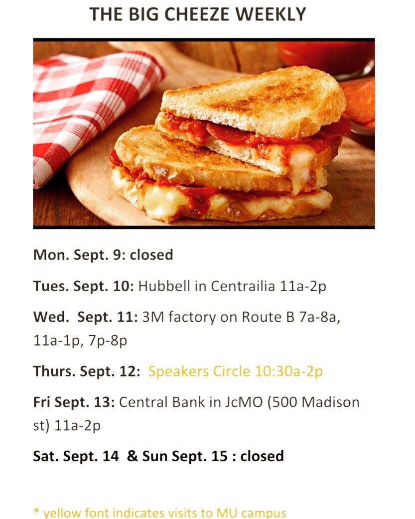 The_BigCheeze's tweet photo. We will be in Centrailia, Columbia and Jeff City this week! We are taking the weekend off though so be sure to catch us early. See ya soon 🧀 https://t.co/HLSpQ3Vkhz