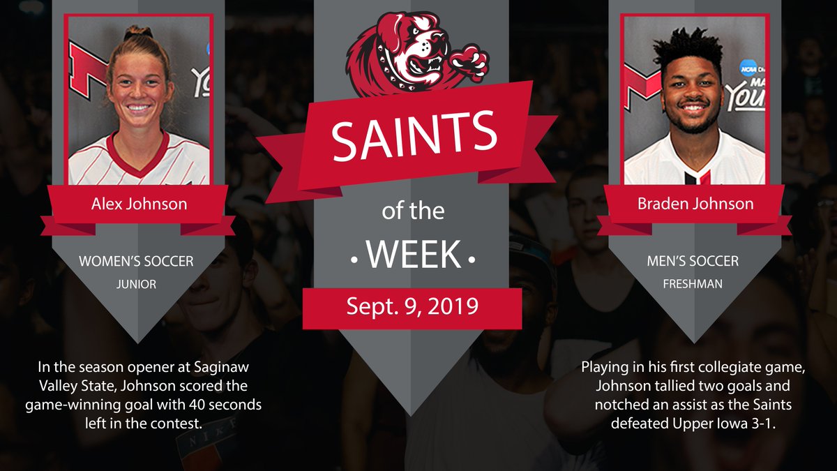 For our first Saints of the Week for 2019-20, congrats to Alex Johnson from women's soccer <a href="/MUSaintsSoccer/">Maryville W. Soccer</a> and Braden Johnson of the men's soccer squad <a href="/MaryvilleSoccer/">Maryville Men’s Soccer</a>. ⚽️⚽️🐾 #BigRedM